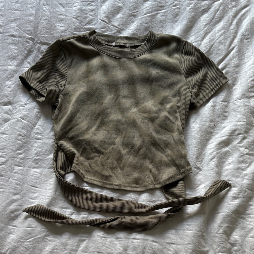 Garage Khaki Ribbed Short Sleeve Tie-Front Tee